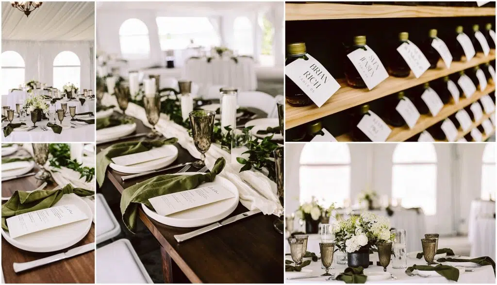 Snohomish Wedding Photographer GSquared Weddings Collage of a wedding reception: Elegant tables with white linens, green napkins, and floral centerpieces. Glassware and meal menus are neatly arranged. A shelf displays bottled favors with tags. The venue has large windows and a white tent ceiling. Serving Seattle, Snohomish and Orlando