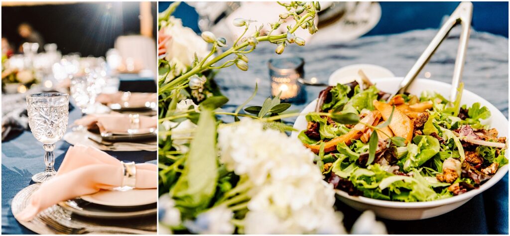 Snohomish Wedding Photographer GSquared Weddings A beautifully set table with crystal glasses and pink napkins on the left. On the right, a salad in a white bowl, featuring mixed greens, sliced peaches, and croutons, with golden utensils. The table is decorated with blue and white accents. Serving Seattle, Snohomish and Orlando