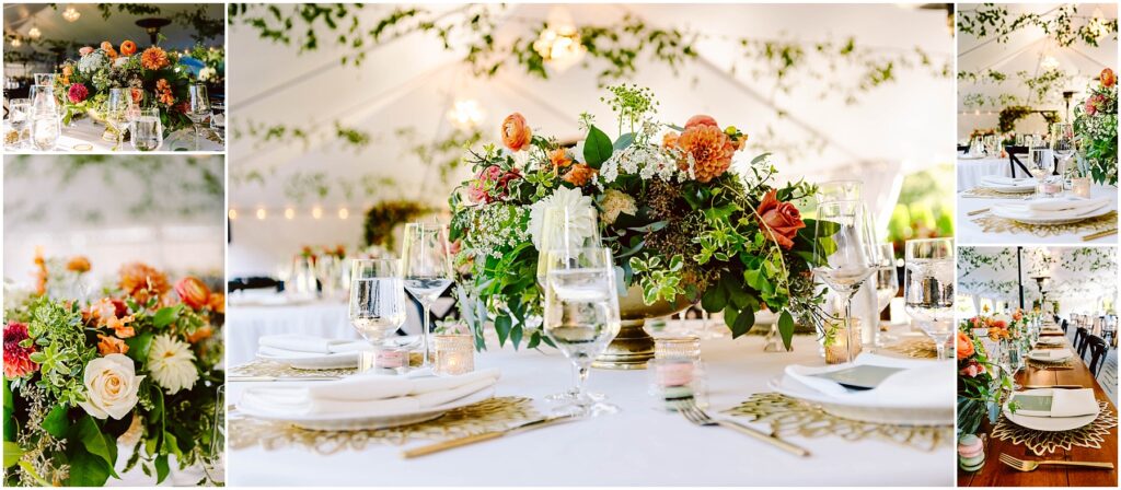 Snohomish Wedding Photographer GSquared Weddings Elegant wedding reception table with lush floral centerpieces featuring roses and greenery. White plates, glassware, and cutlery are artfully arranged. The tent ceiling is adorned with string lights and greenery, creating a romantic atmosphere. Serving Seattle, Snohomish and Orlando
