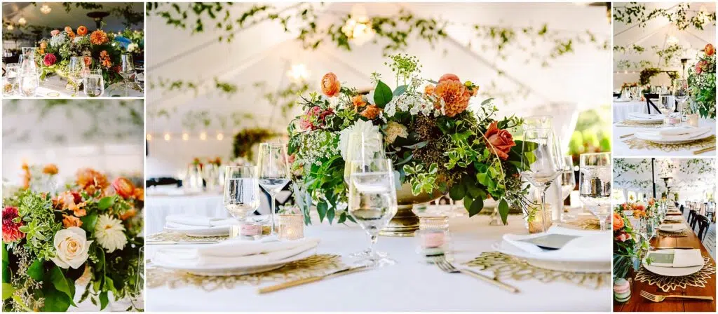 Snohomish Wedding Photographer GSquared Weddings Elegant wedding reception table with lush floral centerpieces featuring roses and greenery. White plates, glassware, and cutlery are artfully arranged. The tent ceiling is adorned with string lights and greenery, creating a romantic atmosphere. Serving Seattle, Snohomish and Orlando