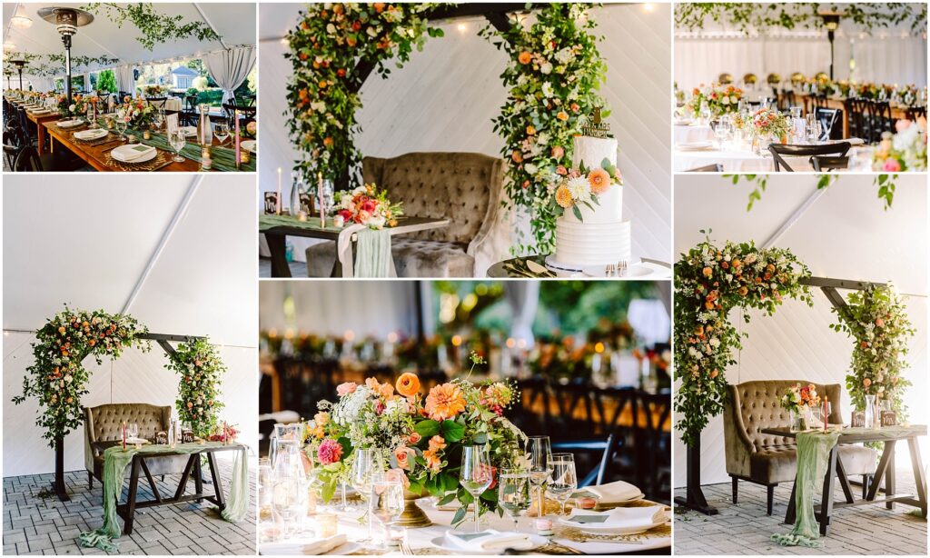 Snohomish Wedding Photographer GSquared Weddings Collage of a wedding reception setup showcasing elegant tables with floral centerpieces, dining arrangements, and a decorated arch with greenery. A dessert table with a tiered cake is also visible, creating a festive and romantic atmosphere. Serving Seattle, Snohomish and Orlando