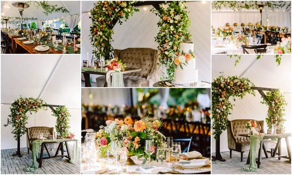 Snohomish Wedding Photographer GSquared Weddings Collage of a wedding reception setup showcasing elegant tables with floral centerpieces, dining arrangements, and a decorated arch with greenery. A dessert table with a tiered cake is also visible, creating a festive and romantic atmosphere. Serving Seattle, Snohomish and Orlando