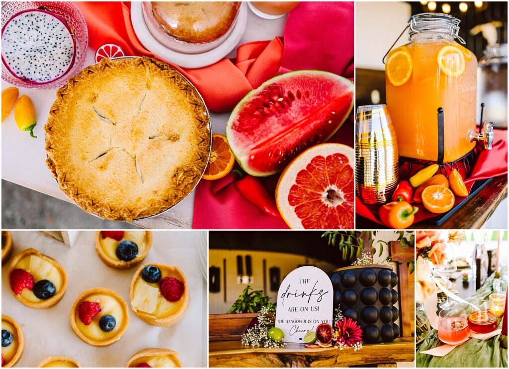 Snohomish Wedding Photographer GSquared Weddings A collage of five images shows a pie, dragon fruit, melon, citrus punch in a dispenser, assorted mini tarts, a decorative drink sign with flowers, and a table setting with beverages and fruits. Bright and colorful presentation. Serving Seattle, Snohomish and Orlando