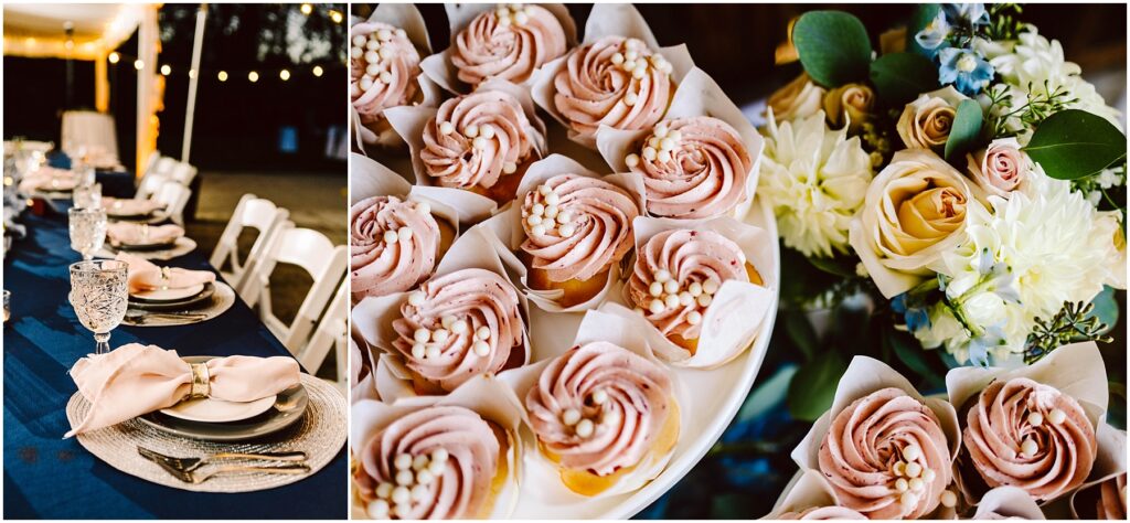 Snohomish Wedding Photographer GSquared Weddings A wedding setup with a navy blue tablecloth, white plates, crystal glassware, and pink napkins on a table. Nearby, cupcakes with pink icing arranged in a circle. A bouquet with white, pink, and blue flowers is also seen. Serving Seattle, Snohomish and Orlando