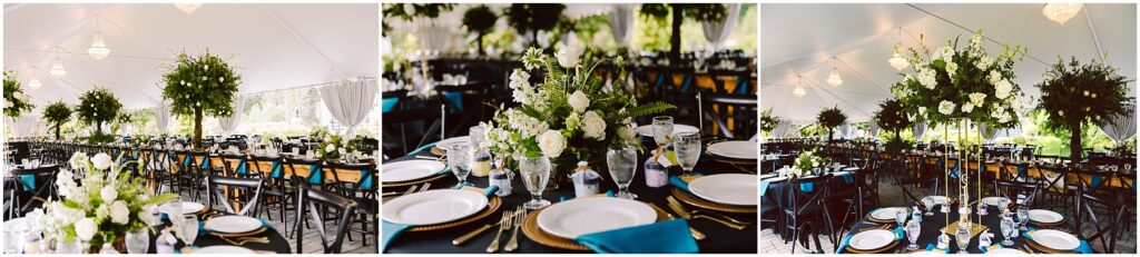 Snohomish Wedding Photographer GSquared Weddings Elegant wedding reception under a large tent featuring long tables with black chairs. Tables are adorned with white plates, gold cutlery, turquoise napkins, and lush floral centerpieces of white flowers and greenery. Serving Seattle, Snohomish and Orlando