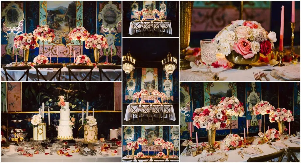 Snohomish Wedding Photographer GSquared Weddings A lavish dining setup with elegant floral arrangements. Tall vases overflow with red, pink, and white flowers. A multi-tiered white cake is adorned with candles. The richly decorated room features ornate chandeliers and vibrant wall art. Serving Seattle, Snohomish and Orlando