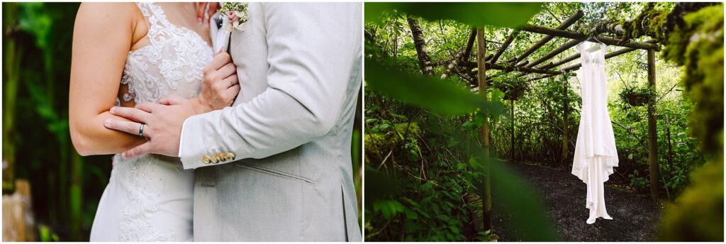 Snohomish Wedding Photographer GSquared Weddings On the left, a couple in wedding attire embraces, with focus on their hands and the bride’s lace dress. On the right, a wedding dress hangs from a wooden frame in a lush, green outdoor setting. Serving Seattle, Snohomish and Orlando