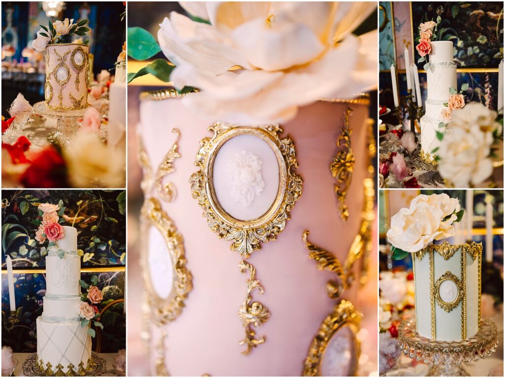 Snohomish Wedding Photographer GSquared Weddings A collage of elegantly decorated cakes, featuring detailed gold embellishments, ornate floral designs, and pastel colors. The cakes are adorned with roses and set against a rich, dark floral background, creating a luxurious and artistic display. Serving Seattle, Snohomish and Orlando