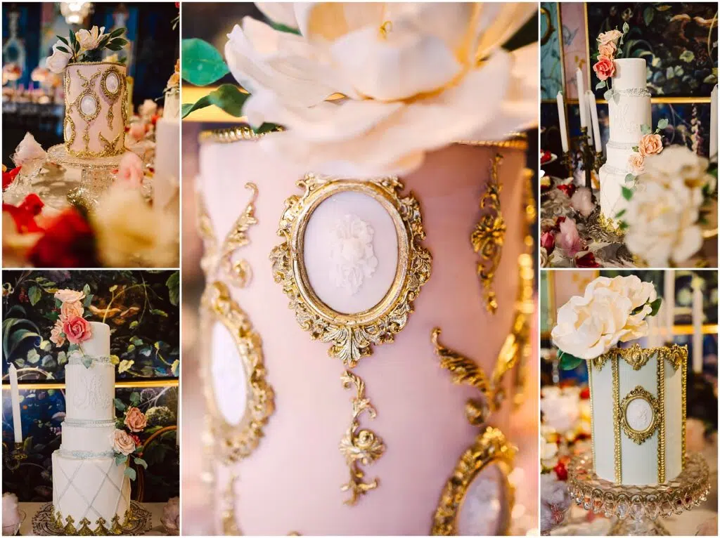 Snohomish Wedding Photographer GSquared Weddings A collage of elegantly decorated cakes, featuring detailed gold embellishments, ornate floral designs, and pastel colors. The cakes are adorned with roses and set against a rich, dark floral background, creating a luxurious and artistic display. Serving Seattle, Snohomish and Orlando