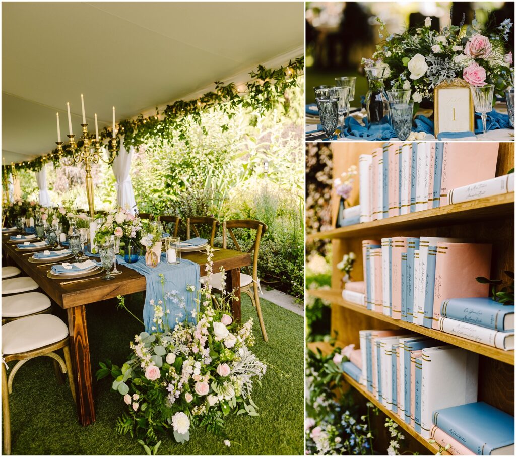 Snohomish Wedding Photographer GSquared Weddings Elegant outdoor event setup featuring a wooden dining table adorned with flowers, candles, and blue table settings. Nearby, a bookshelf displays pastel-colored books. The setting is under a canopy with greenery and white drapes. Serving Seattle, Snohomish and Orlando