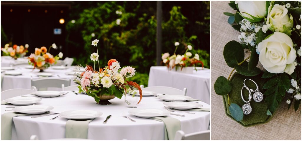 Snohomish Wedding Photographer GSquared Weddings Outdoor wedding setup with round tables covered in white tablecloths and adorned with colorful floral centerpieces. Nearby, a close-up of silver earrings is placed next to white roses and greenery on a textured surface. Serving Seattle, Snohomish and Orlando