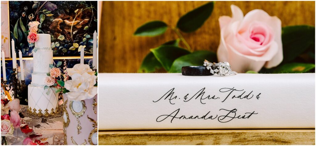 Snohomish Wedding Photographer GSquared Weddings A close-up of a wedding cake adorned with pink and white roses, alongside lit candles. Next to it, a wedding invitation with elegant script, featuring a rose and two rings—a diamond engagement ring and a dark wedding band. Serving Seattle, Snohomish and Orlando