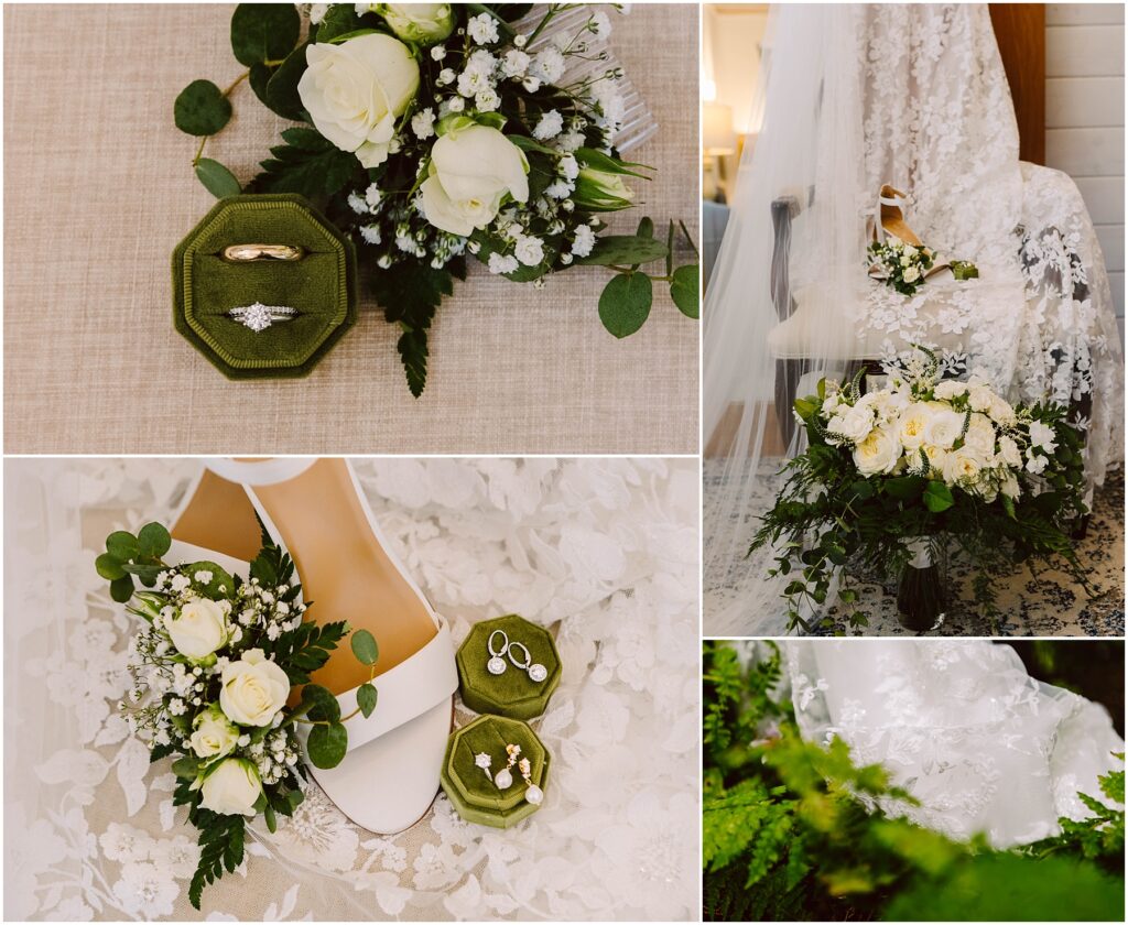 Snohomish Wedding Photographer GSquared Weddings Collage of wedding details: white roses with greenery, two rings in a green velvet box, white high heels next to flowers, bridal bouquet with veil and shoes, and lace detail on a wedding dress among ferns. Serving Seattle, Snohomish and Orlando