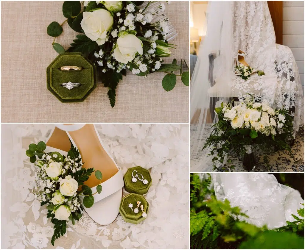 Snohomish Wedding Photographer GSquared Weddings Collage of wedding details: white roses with greenery, two rings in a green velvet box, white high heels next to flowers, bridal bouquet with veil and shoes, and lace detail on a wedding dress among ferns. Serving Seattle, Snohomish and Orlando