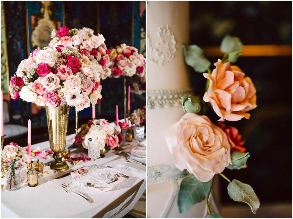 Snohomish Wedding Photographer GSquared Weddings A lavish table setting with a tall gold vase full of pink and white roses, surrounded by candles and elegant tableware. Inset shows a close-up of a pink rose decoration. The backdrop is ornate and rich in color. Serving Seattle, Snohomish and Orlando