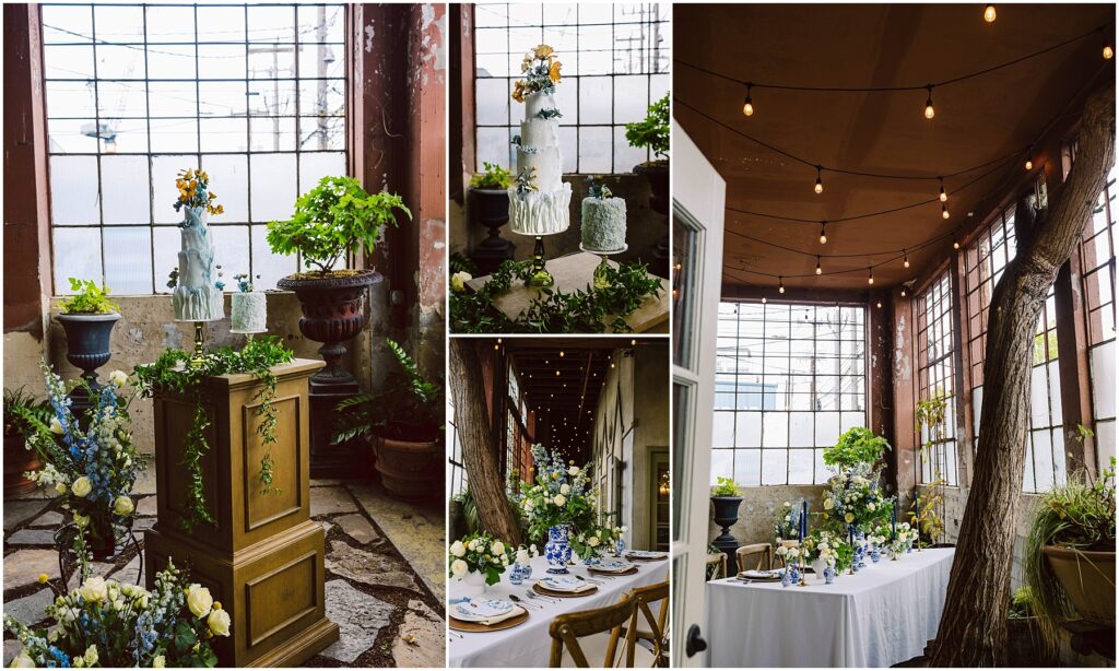 Snohomish Wedding Photographer GSquared Weddings A decorated event space with rustic charm. Features include wooden pedestals with plants, two-tiered cakes adorned with flowers, a long dining table set with white plates and floral arrangements, and ambient string lights under a high ceiling. Serving Seattle, Snohomish and Orlando