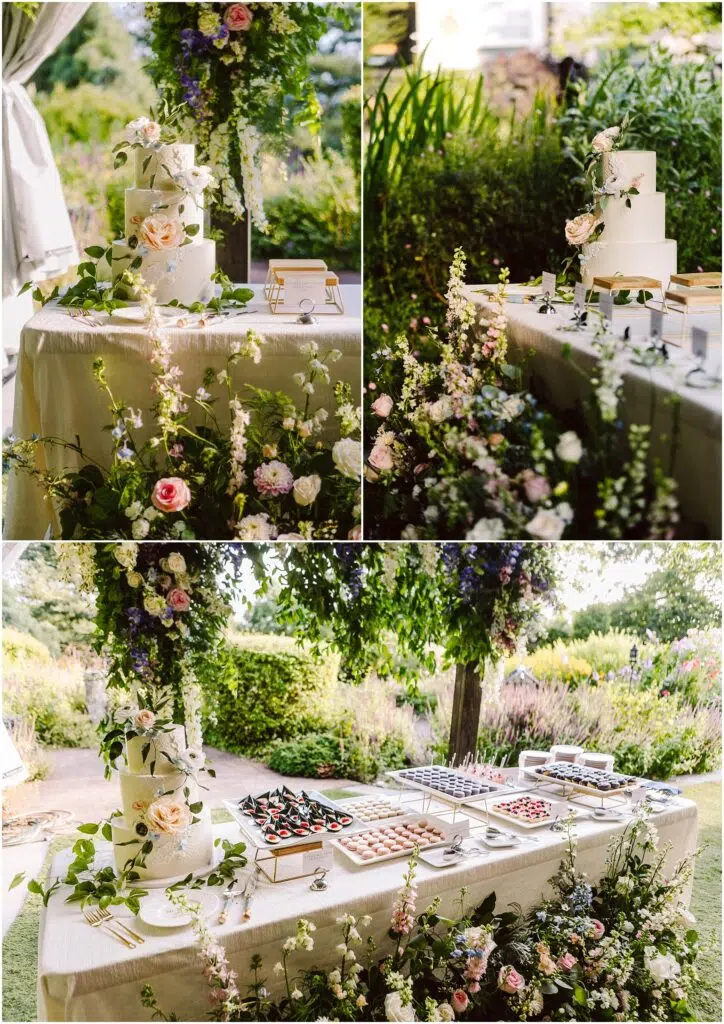 Snohomish Wedding Photographer GSquared Weddings A tiered wedding cake adorned with flowers sits on a table set outside in a garden. The table is decorated with floral arrangements and various desserts, including pastries and fruit tarts, surrounded by lush greenery. Serving Seattle, Snohomish and Orlando