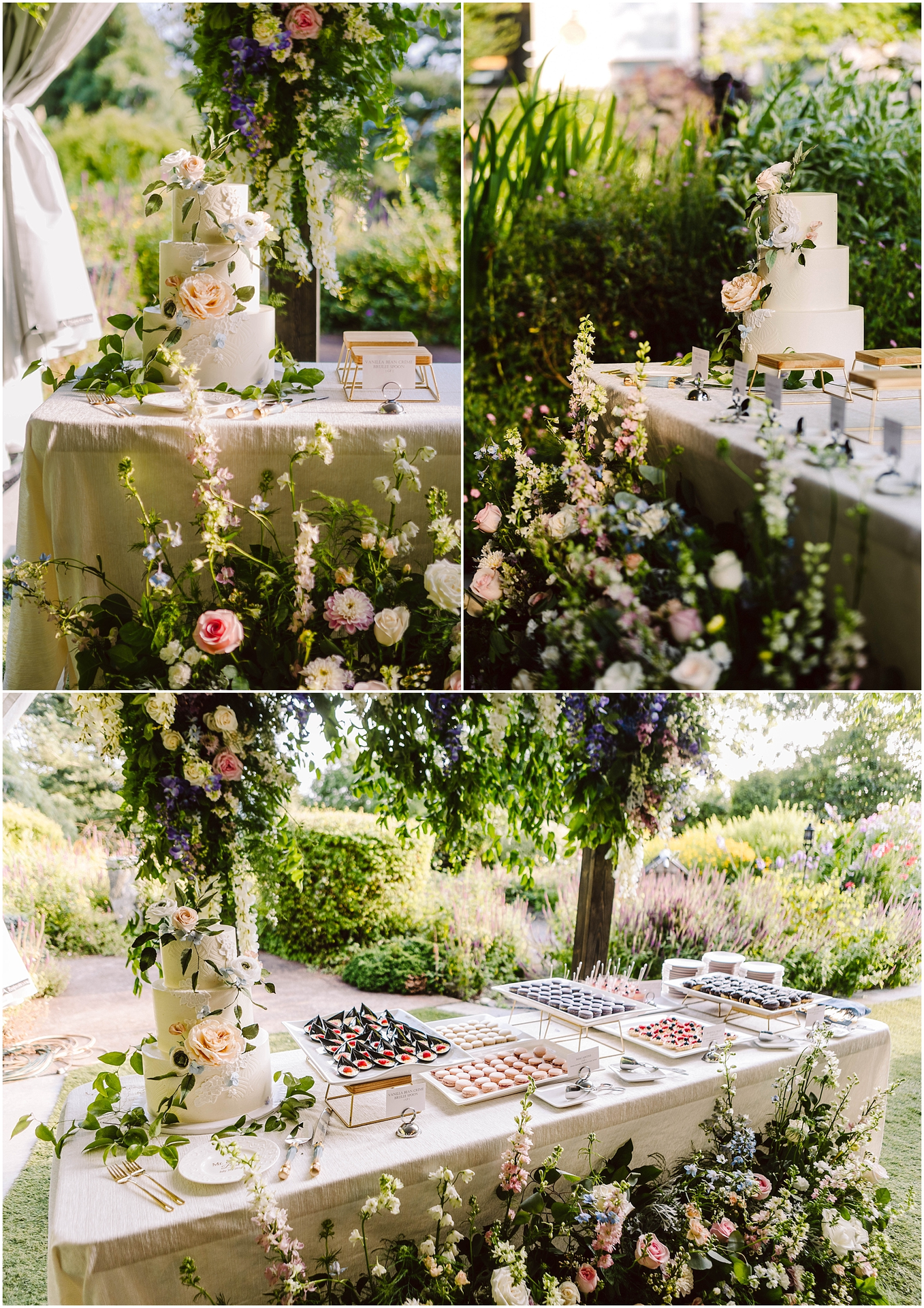 Snohomish Wedding Photographer GSquared Weddings A beautifully decorated wedding table featuring a three-tier white cake adorned with flowers and greenery. The table is set outdoors with assorted desserts and surrounded by lush floral arrangements and greenery. Serving Seattle, Snohomish and Orlando