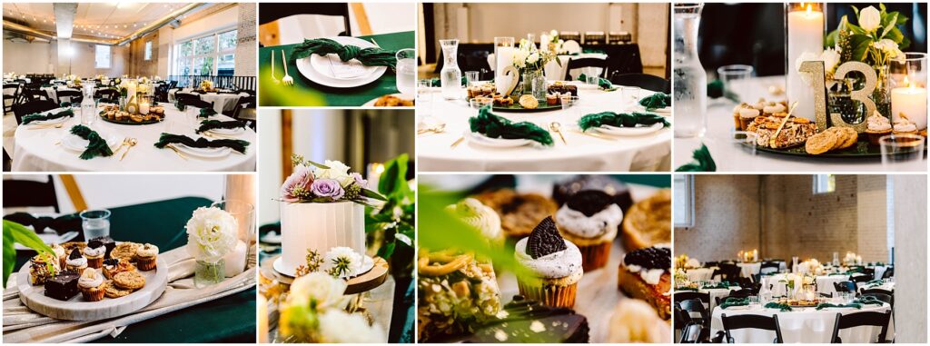 Snohomish Wedding Photographer GSquared Weddings A collage of elegantly decorated event tables featuring white tablecloths, green accents, candles, floral arrangements, and desserts like cupcakes and cookies. A table number 13 is visibly displayed. The setting is indoors with soft lighting. Serving Seattle, Snohomish and Orlando