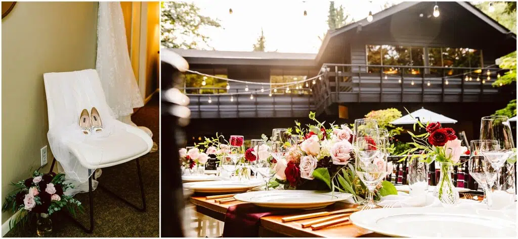Snohomish Wedding Photographer GSquared Weddings A collage showing a wedding setup: on the left, a white chair with a pair of heels; on the right, a beautifully set outdoor table with floral arrangements and glasses in front of a black building with string lights. Serving Seattle, Snohomish and Orlando