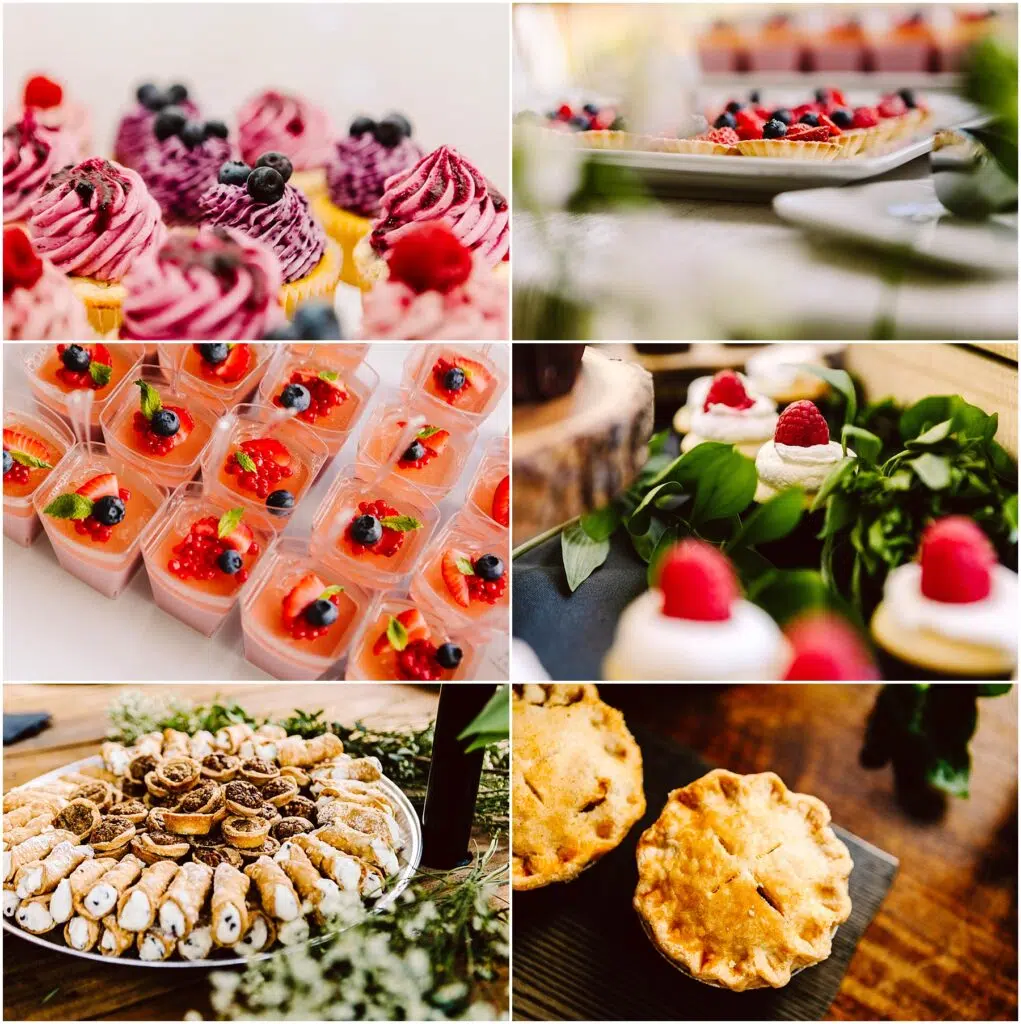 Snohomish Wedding Photographer GSquared Weddings A collage of various desserts: berry-topped cupcakes, berry tarts, fruit gel cups, cream pastries with raspberries, a platter of assorted pastries, and two pies on a wooden table. Serving Seattle, Snohomish and Orlando