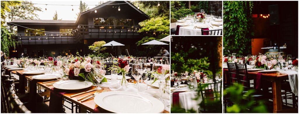Snohomish Wedding Photographer GSquared Weddings A beautifully set outdoor reception area features tables adorned with white plates, glassware, and floral centerpieces in a lush garden setting. A building with string lights is visible in the background. Insets show closer views of the tables. Serving Seattle, Snohomish and Orlando