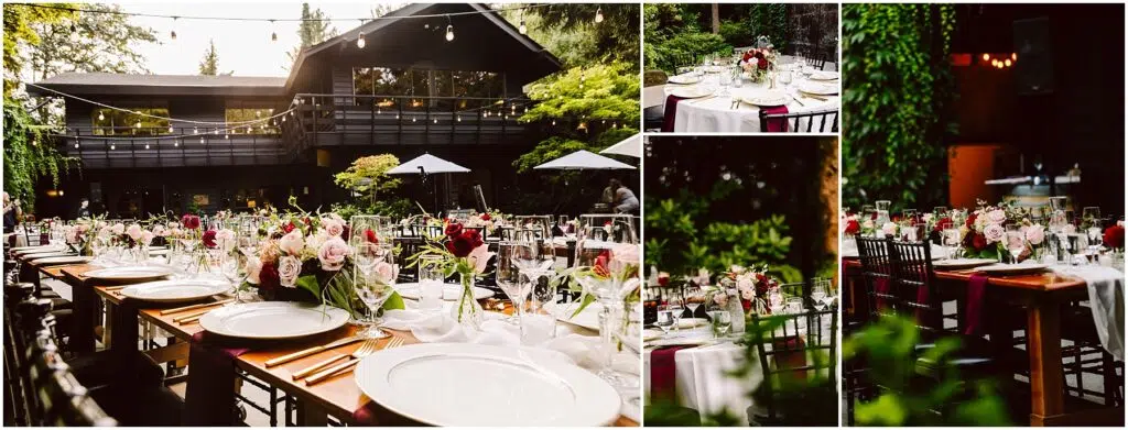 Snohomish Wedding Photographer GSquared Weddings A beautifully set outdoor reception area features tables adorned with white plates, glassware, and floral centerpieces in a lush garden setting. A building with string lights is visible in the background. Insets show closer views of the tables. Serving Seattle, Snohomish and Orlando