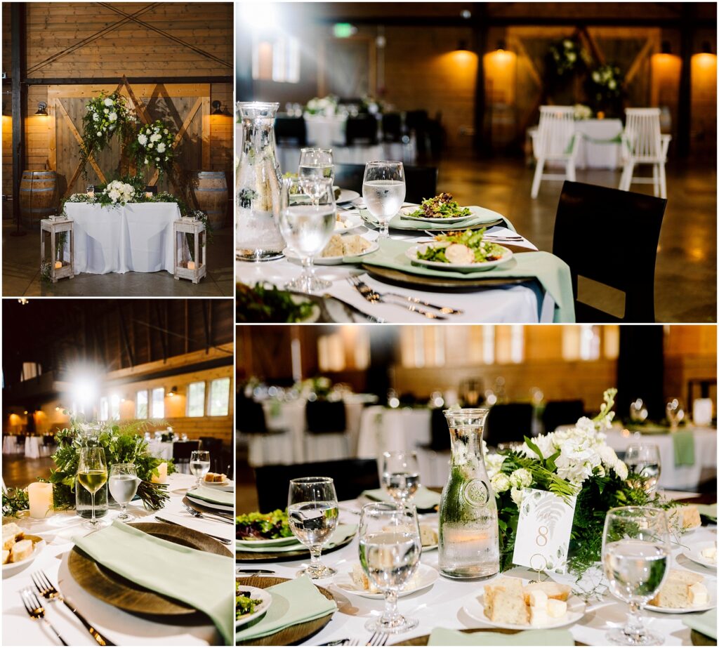 Snohomish Wedding Photographer GSquared Weddings A rustic wedding reception venue with elegant table settings. The tables are set with white linens, green napkins, plates of salad, and glasses of water. Wooden walls and soft lighting enhance the cozy ambiance. Floral arrangements decorate the room. Serving Seattle, Snohomish and Orlando