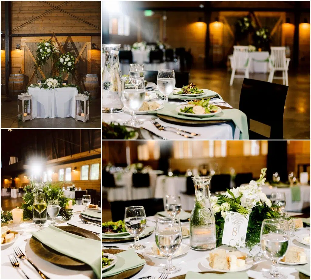 Snohomish Wedding Photographer GSquared Weddings A rustic wedding reception venue with elegant table settings. The tables are set with white linens, green napkins, plates of salad, and glasses of water. Wooden walls and soft lighting enhance the cozy ambiance. Floral arrangements decorate the room. Serving Seattle, Snohomish and Orlando