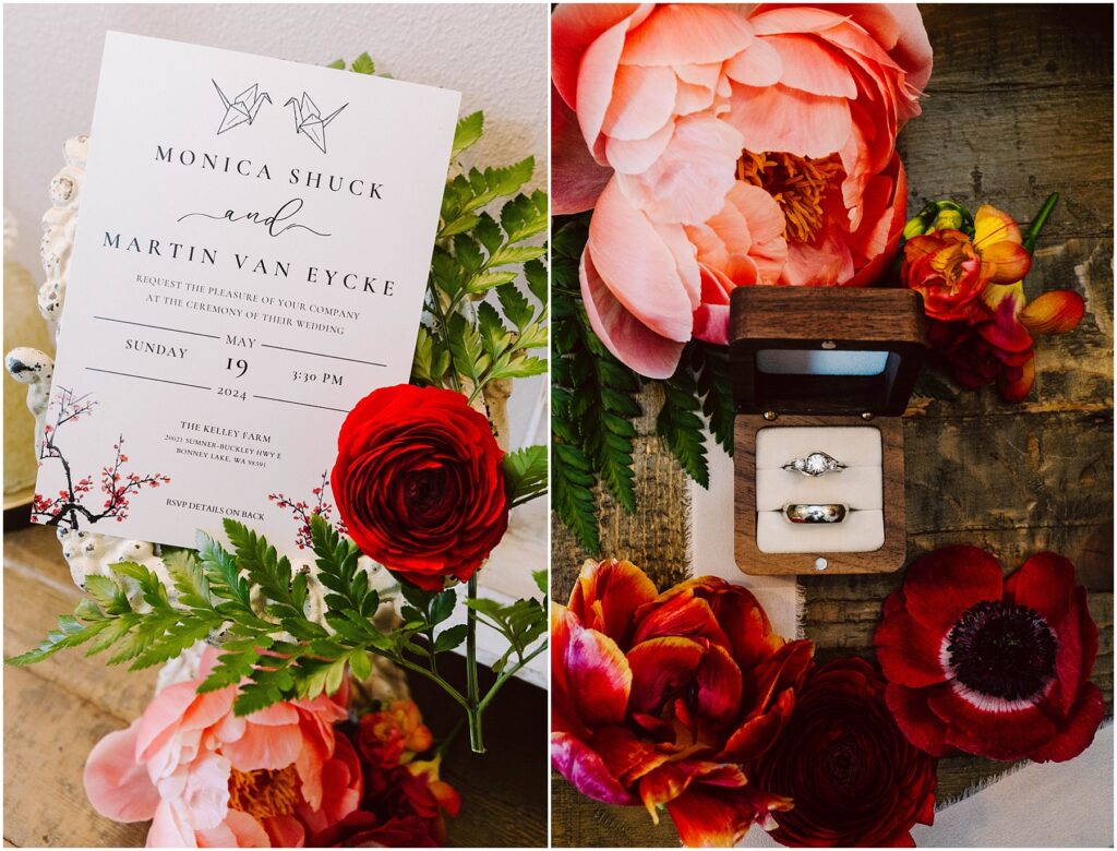 Snohomish Wedding Photographer GSquared Weddings A wedding invitation and flowers are on the left. On the right, two rings are in a wooden ring box surrounded by red and pink flowers. The invitation mentions a wedding on Sunday, May 19, 2024, at 3 PM. Serving Seattle, Snohomish and Orlando