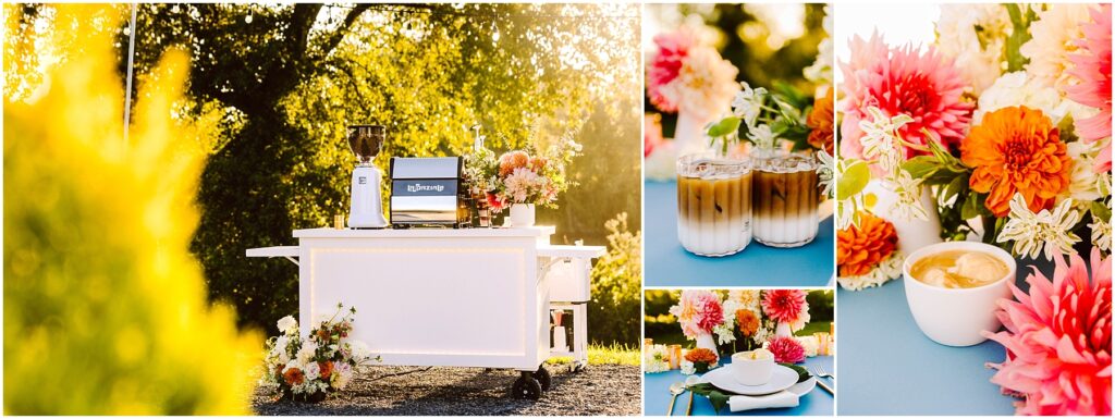 Snohomish Wedding Photographer GSquared Weddings A coffee cart is set up outdoors with a coffee machine and floral arrangements. Two iced coffees sit on a blue table next to vibrant pink and orange flowers. The setup is brightly lit by the sun. Serving Seattle, Snohomish and Orlando