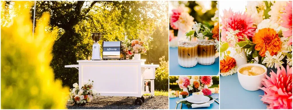 Snohomish Wedding Photographer GSquared Weddings A coffee cart is set up outdoors with a coffee machine and floral arrangements. Two iced coffees sit on a blue table next to vibrant pink and orange flowers. The setup is brightly lit by the sun. Serving Seattle, Snohomish and Orlando