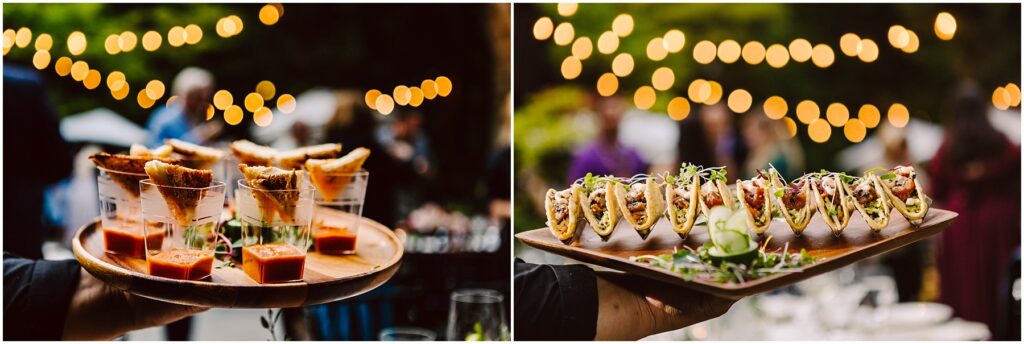 Snohomish Wedding Photographer GSquared Weddings Left image: A server holds a tray of mini grilled cheese sandwiches with tomato soup in small cups. Right image: A server presents a tray of small taco appetizers garnished with greens. Both images feature blurred string lights and an outdoor setting. Serving Seattle, Snohomish and Orlando