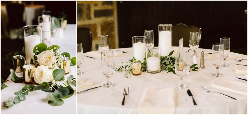 Snohomish Wedding Photographer GSquared Weddings A round table set for an event with white napkins, glasses, and plates. The centerpiece features white candles of varying heights, surrounded by greenery and white roses. Additional votive candles in gold holders complement the arrangement. Serving Seattle, Snohomish and Orlando