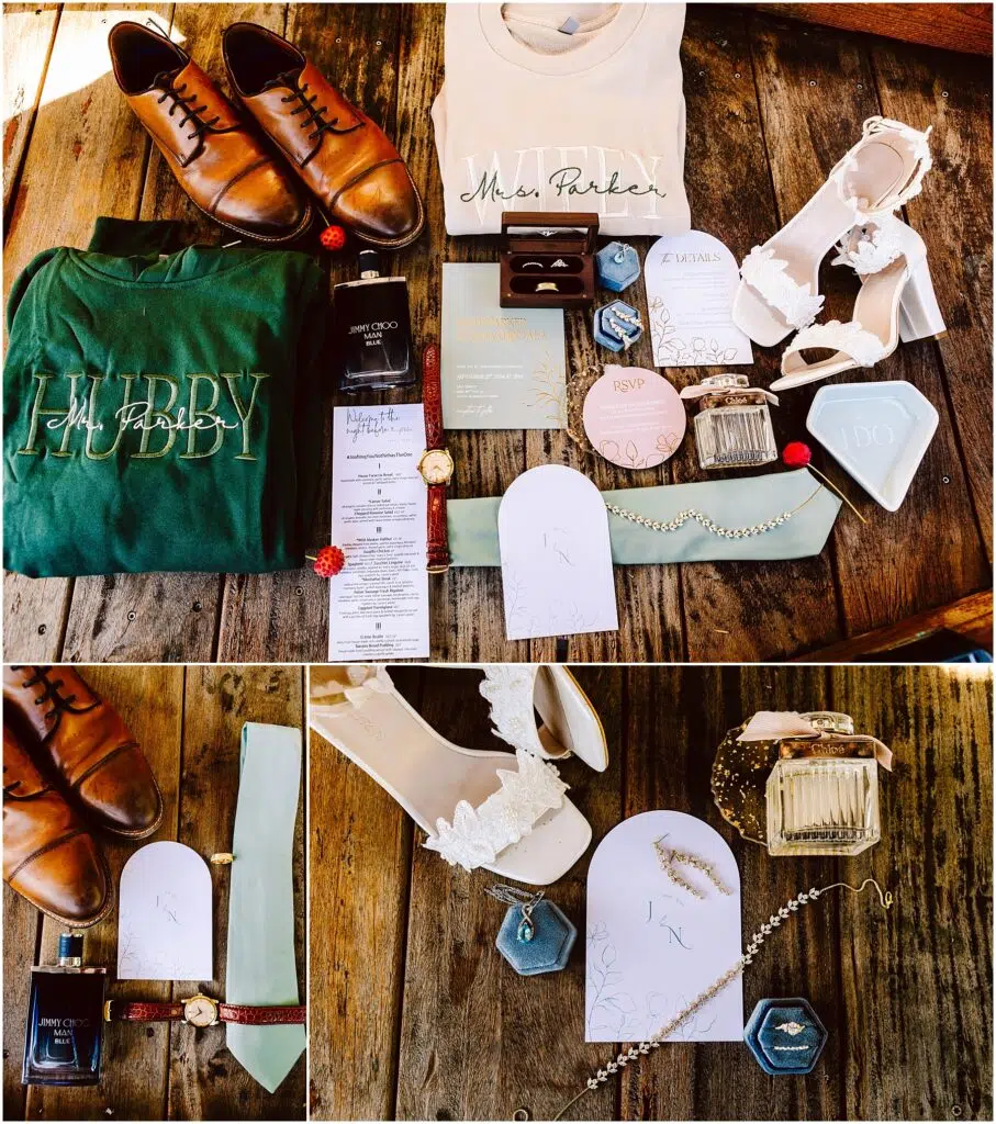 Snohomish Wedding Photographer GSquared Weddings A collection of wedding items on a wooden table, including brown shoes, personalized green and beige shirts, a green tie, jewelry, perfume, a watch, white shoes, and wedding invitations. Serving Seattle, Snohomish and Orlando