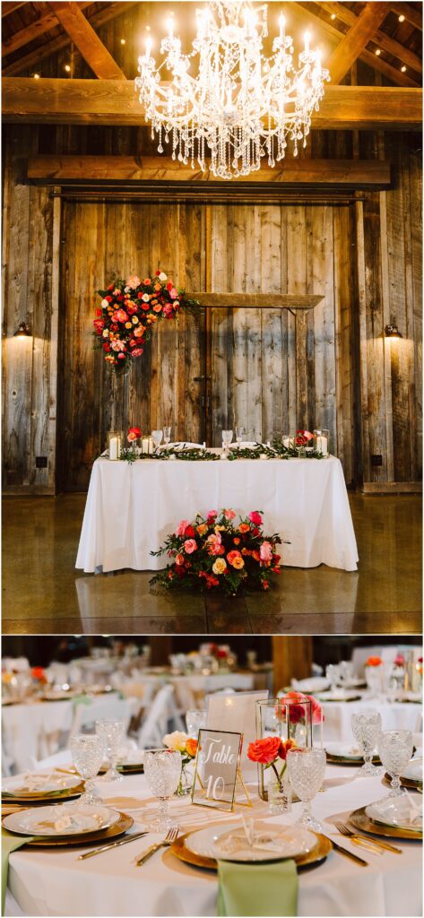 Snohomish Wedding Photographer GSquared Weddings A rustic wedding reception setting, featuring a wooden backdrop with a floral arrangement and chandelier above a white-clothed table. A dining table is set with glassware, gold-rimmed plates, and a table number Table 10 in a frame. Serving Seattle, Snohomish and Orlando