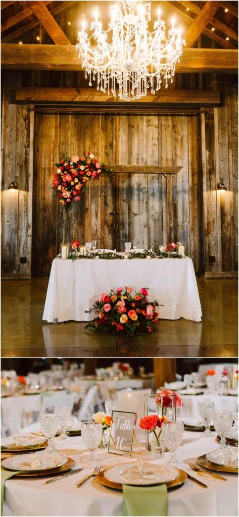 Snohomish Wedding Photographer GSquared Weddings A rustic wedding reception setting, featuring a wooden backdrop with a floral arrangement and chandelier above a white-clothed table. A dining table is set with glassware, gold-rimmed plates, and a table number Table 10 in a frame. Serving Seattle, Snohomish and Orlando