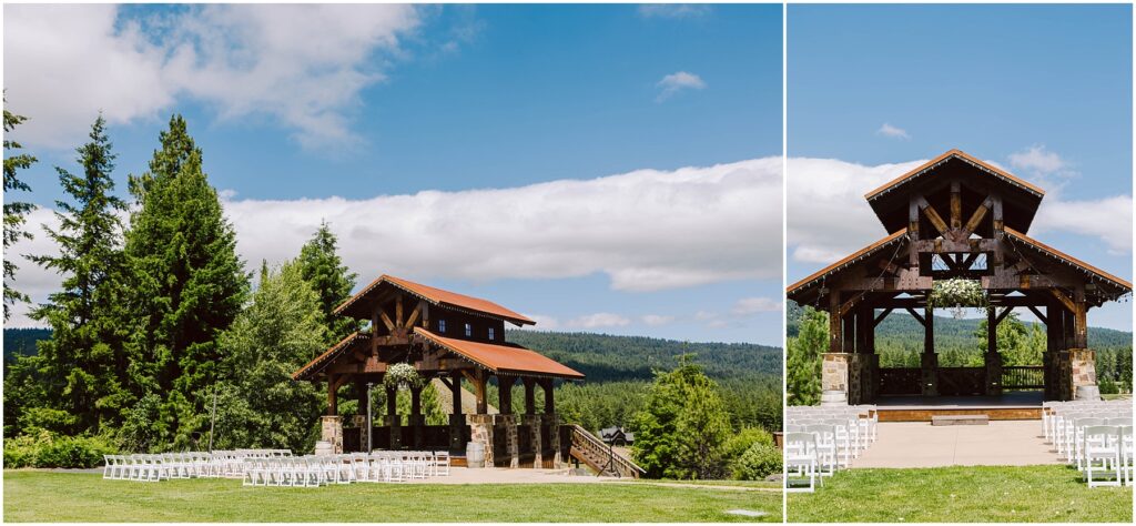 Snohomish Wedding Photographer GSquared Weddings Outdoor wedding venue with a wooden pavilion surrounded by lush greenery and tall trees. White chairs are arranged on the grass under a partly cloudy blue sky. Serving Seattle, Snohomish and Orlando