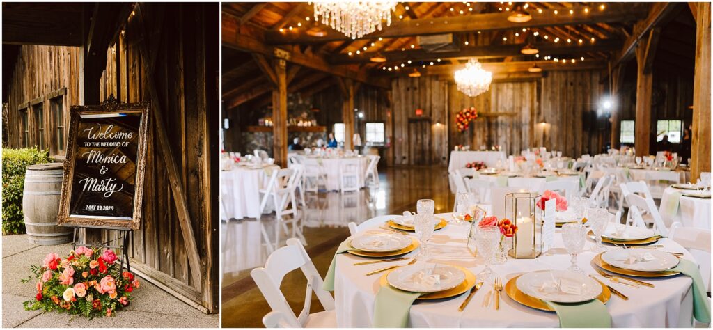 Snohomish Wedding Photographer GSquared Weddings Left: Sign welcoming Monica and Marty, surrounded by flowers, near a wooden barn entrance. Right: Inside a rustic barn decorated for a wedding, with round tables covered in white cloths, green accents, floral centerpieces, and warm string lights. Serving Seattle, Snohomish and Orlando