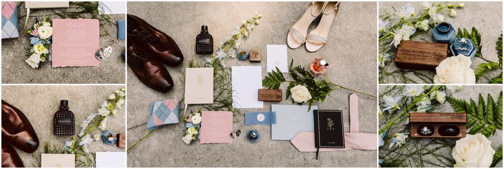 Snohomish Wedding Photographer GSquared Weddings A collage of wedding accessories: invitations, rings, a perfume bottle, shoes, a tie, a boutonniere, and a shoehorn displayed on a stone surface with scattered flowers and greenery. Serving Seattle, Snohomish and Orlando