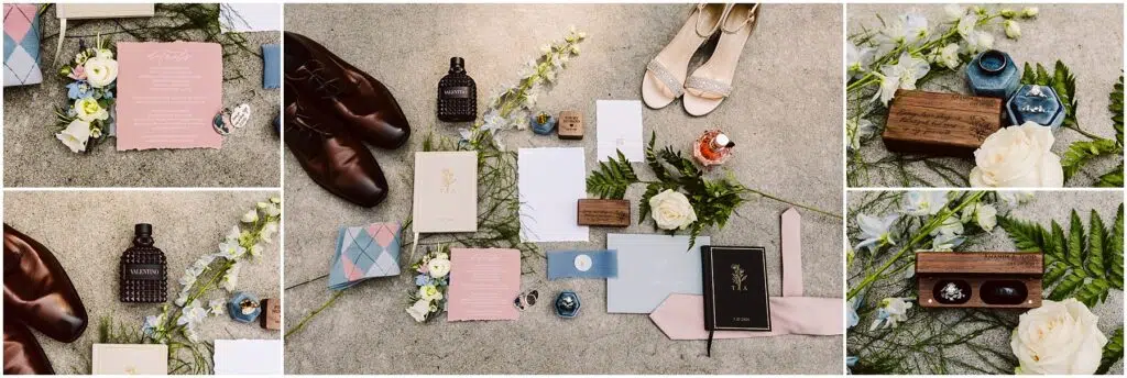 Snohomish Wedding Photographer GSquared Weddings A collage of wedding accessories: invitations, rings, a perfume bottle, shoes, a tie, a boutonniere, and a shoehorn displayed on a stone surface with scattered flowers and greenery. Serving Seattle, Snohomish and Orlando