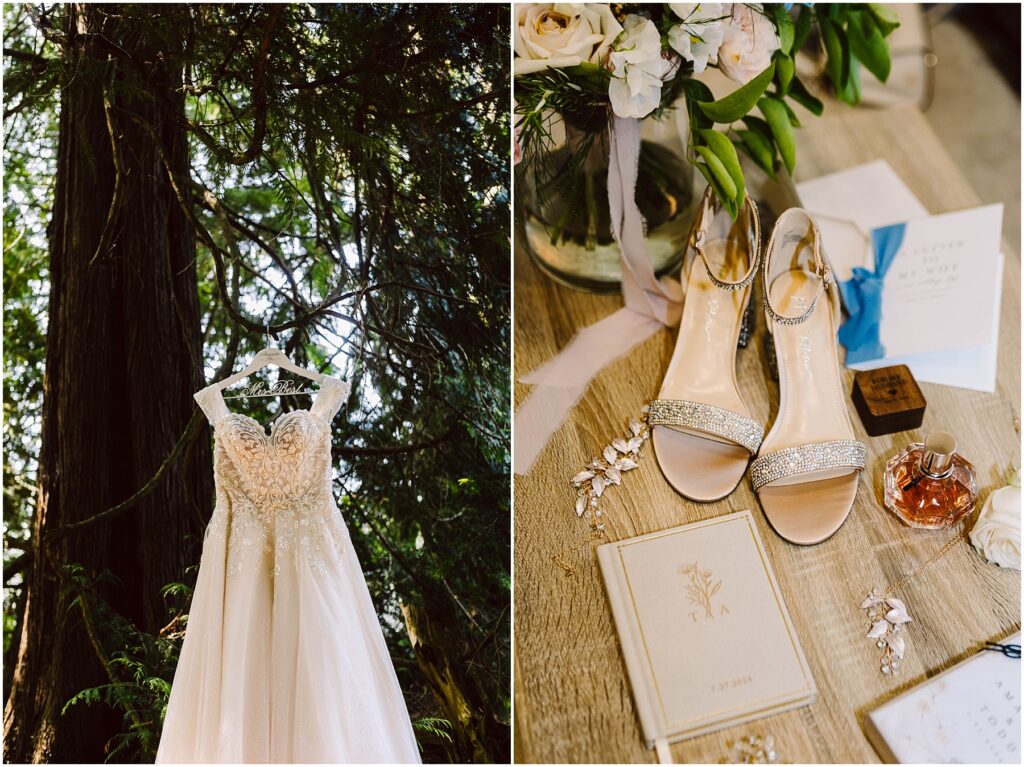 Snohomish Wedding Photographer GSquared Weddings Left: Wedding gown on a hanger outdoors with trees in the background. Right: Flat lay of bridal accessories including open-toed shoes, jewelry, perfume, a bouquet of flowers, and wedding invitations on a wooden surface. Serving Seattle, Snohomish and Orlando