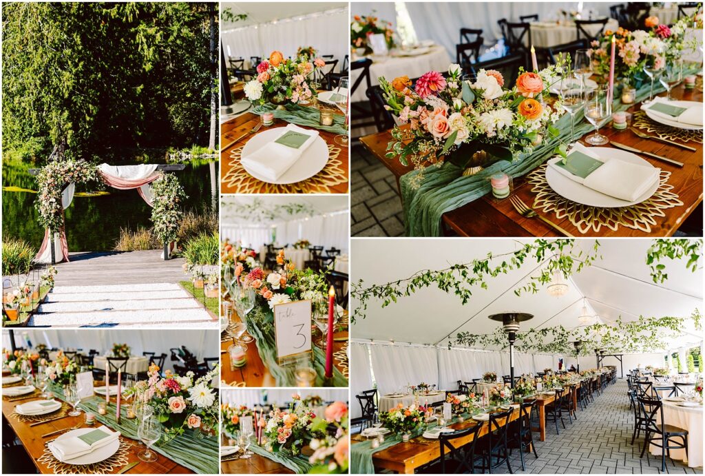 Snohomish Wedding Photographer GSquared Weddings Collage of a wedding setup under a white tent. Tables are adorned with floral centerpieces, greenery, elegant place settings, and candles. A ceremonial arch is decorated with flowers, set against a scenic outdoor backdrop. Serving Seattle, Snohomish and Orlando