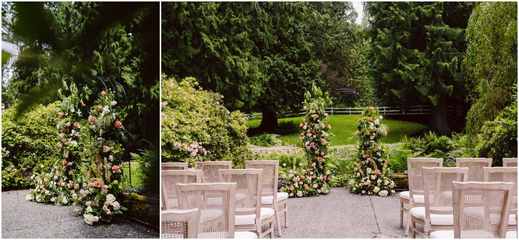 Snohomish Wedding Photographer GSquared Weddings Outdoor wedding ceremony setup with rows of cushioned chairs facing a decorated archway. The arch is adorned with lush green foliage and pink, white, and peach flowers. The background features a serene garden with tall trees and a grassy lawn. Serving Seattle, Snohomish and Orlando