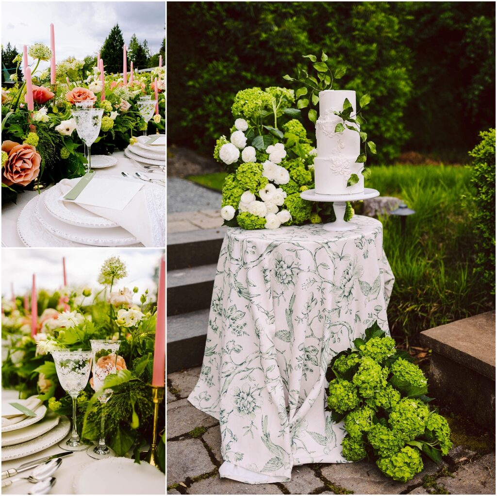 Snohomish Wedding Photographer GSquared Weddings A collage featuring a chic outdoor wedding setup: a floral-themed cake on a small table adorned with green hydrangeas, a dining table with pink candles, elegant glassware, plates, and lush floral arrangements. Steps and greenery in the background. Serving Seattle, Snohomish and Orlando