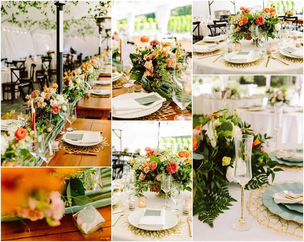 Snohomish Wedding Photographer GSquared Weddings A collage of wedding table settings featuring white plates with gold chargers, elegant glassware, and vibrant floral centerpieces with orange, pink, and green hues on wooden tables under a white canopy. Serving Seattle, Snohomish and Orlando