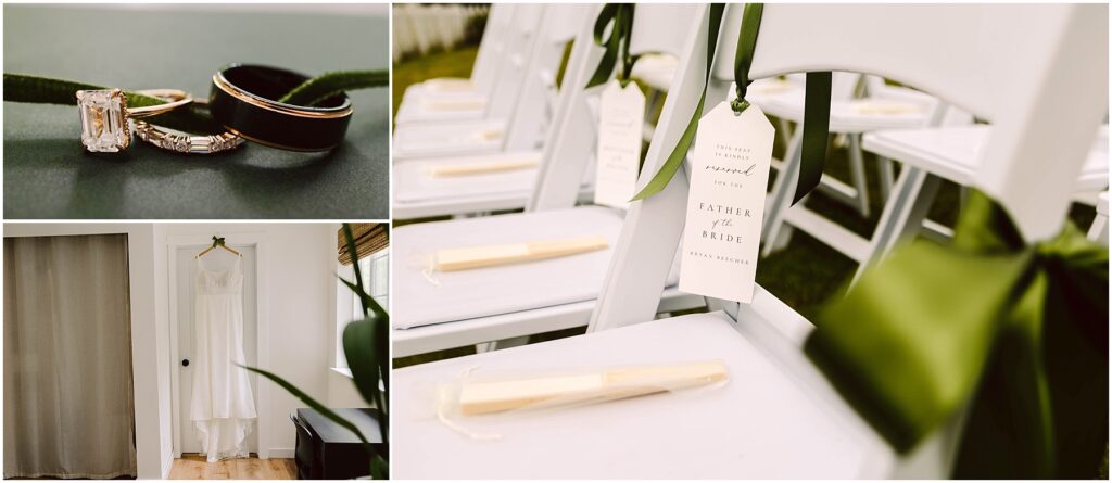 Snohomish Wedding Photographer GSquared Weddings Collage of wedding details: a close-up of wedding rings entwined on a green ribbon, white chairs with reserved signs and programs tied with green ribbon, and a hanging white wedding dress in a room. Serving Seattle, Snohomish and Orlando