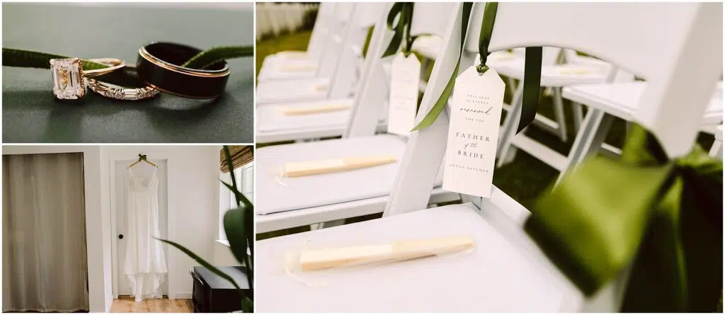 Snohomish Wedding Photographer GSquared Weddings Collage of wedding details: a close-up of wedding rings entwined on a green ribbon, white chairs with reserved signs and programs tied with green ribbon, and a hanging white wedding dress in a room. Serving Seattle, Snohomish and Orlando