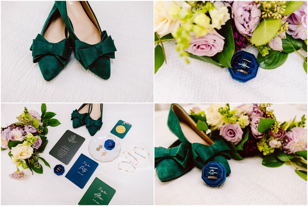 Snohomish Wedding Photographer GSquared Weddings Collage of four images: green shoes with bows, a bouquet of roses and greenery, an arrangement of wedding items including invitations and rings, and the shoes next to the bouquet and a blue ring box. All set on a white background. Serving Seattle, Snohomish and Orlando