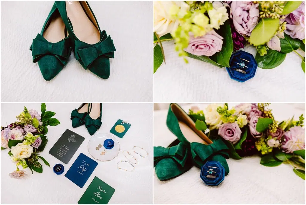Snohomish Wedding Photographer GSquared Weddings Collage of four images: green shoes with bows, a bouquet of roses and greenery, an arrangement of wedding items including invitations and rings, and the shoes next to the bouquet and a blue ring box. All set on a white background. Serving Seattle, Snohomish and Orlando